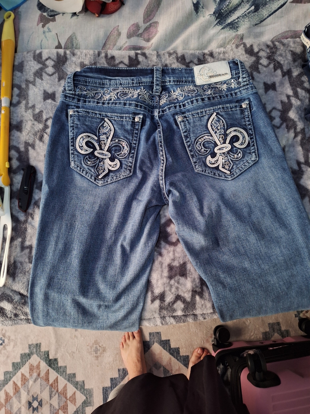 Grace in LA Blue Embroidered Fleur-de-Lis Boot Cut Jeans